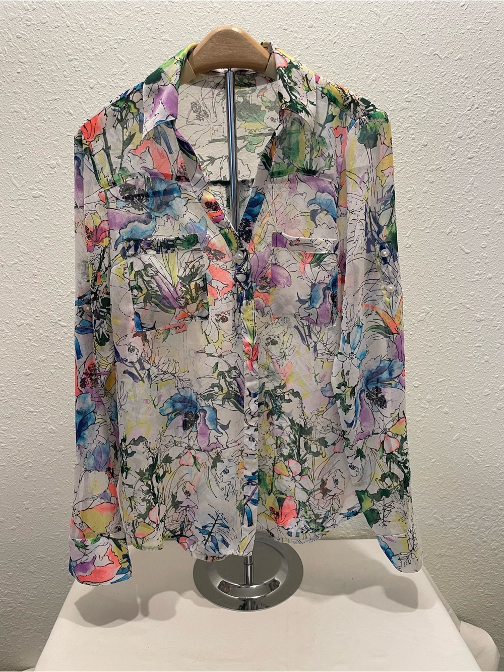 Express Sheer Floral Button-Down Blouse - White Multi